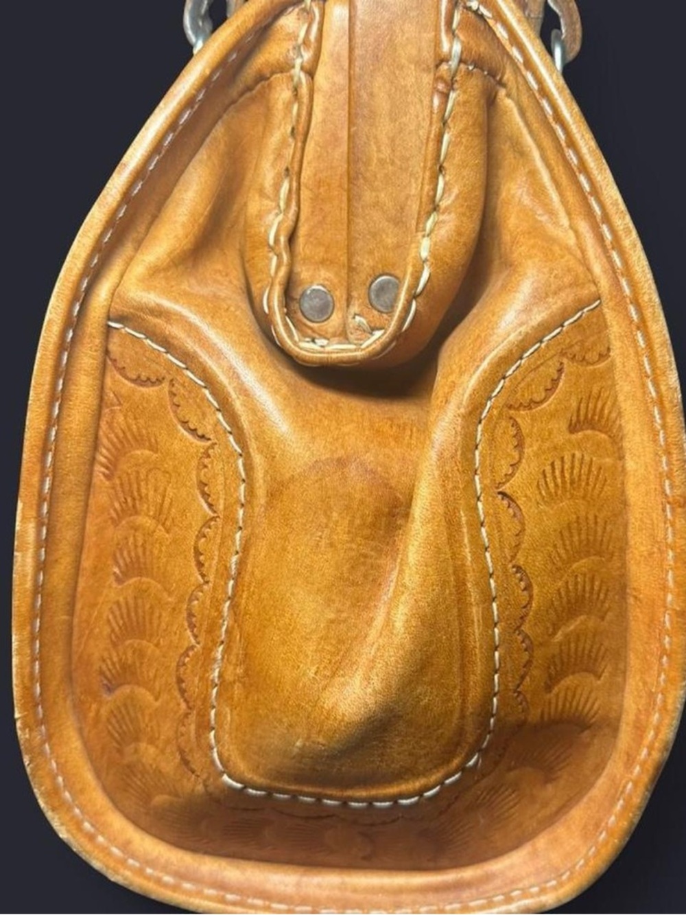Vintage Mexican Tooled Leather Satchel Handbag - Tan - Picture 3 of 7